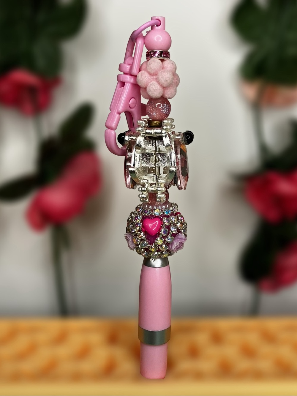 Pink Rhinestone Frog Handmade Beaded Keychain Pen - Picture 2 of 8
